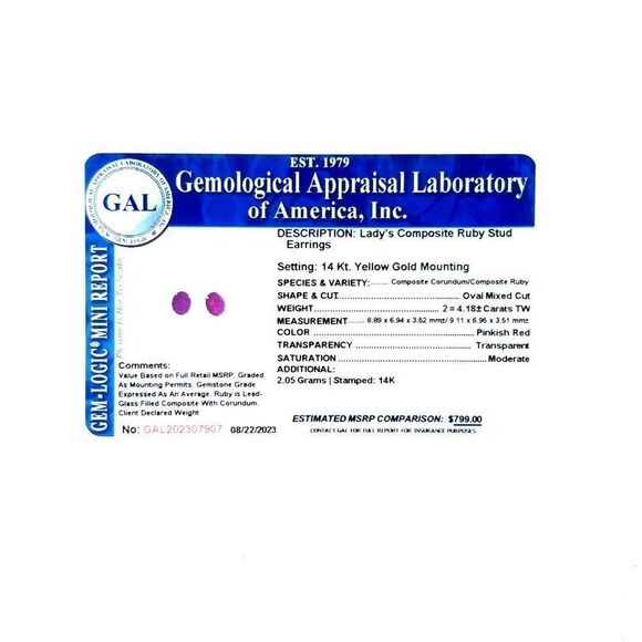 Natural Ruby Stud Earrings 14k Yellow Gold 4.18 TW Certified 307907 - Picture 12 of 12
